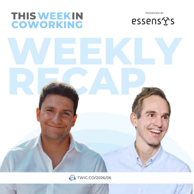 A promotional image for a This Week in Coworking podcast featuring essensys CEO James Lowery