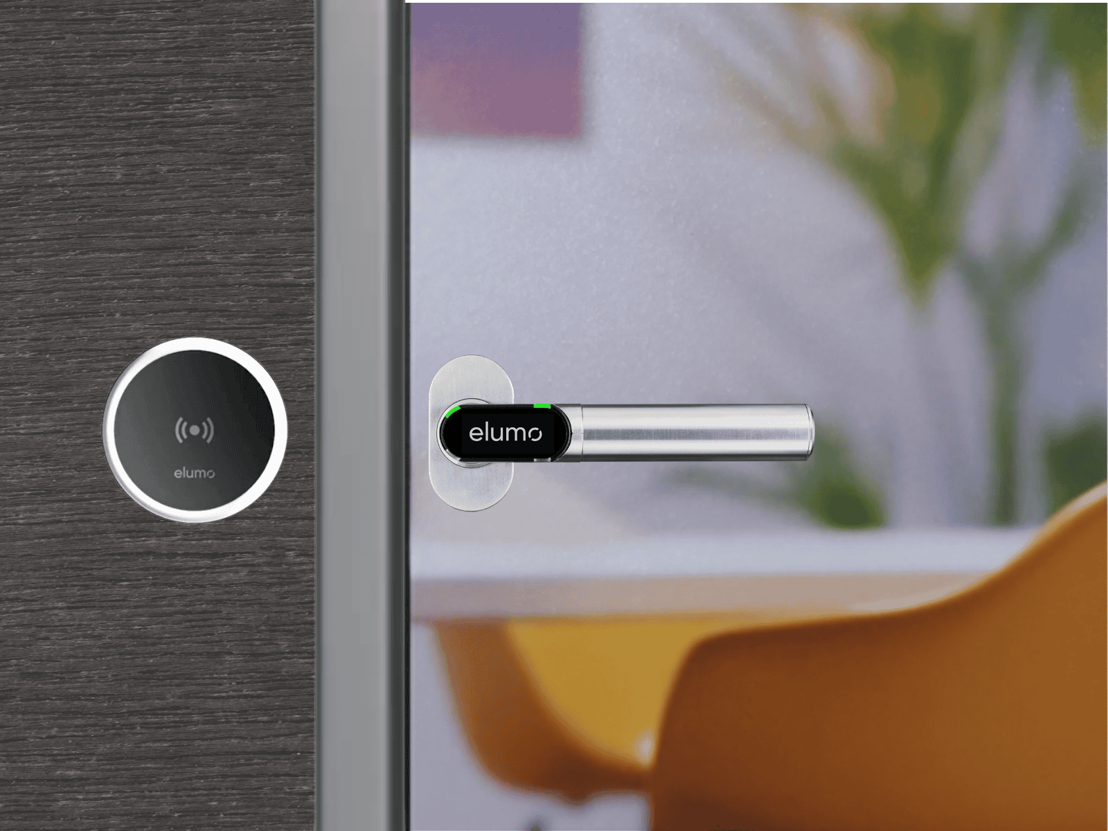 elumo reader and wireless handle installed on a meeting room door